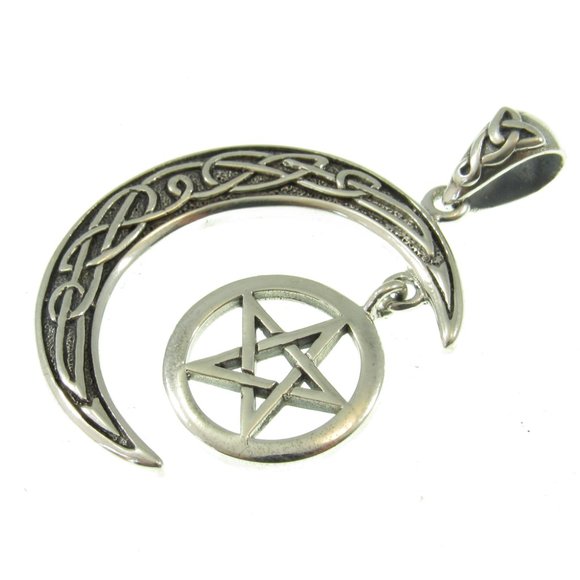 Handcrafted Solid 925 Sterling Silver Pentacle in Celtic Crescent Moon Pendant - Picture 4 of 5